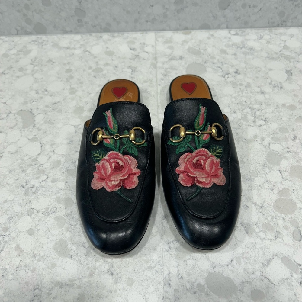 Gucci Black Floral Embroidered Mules